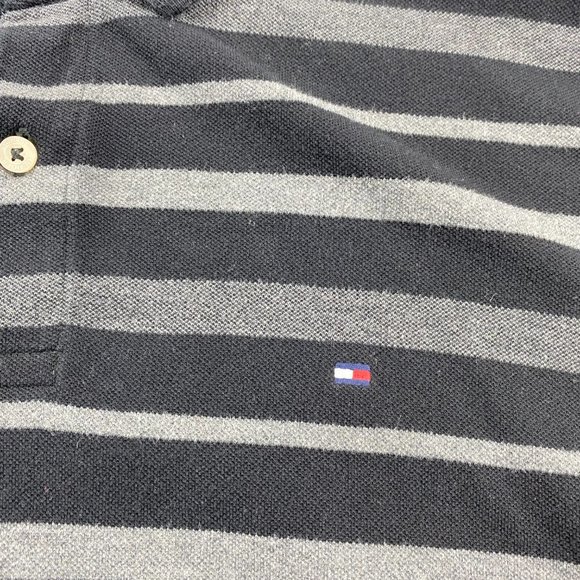 Tommy Hilfiger Polo Shirt Men Large L Gray Black Striped Slim Fit Casual Button - Picture 2 of 10